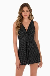 Miraclesuit Sz 10 Marais Pin Point Swimdress Swimsuit Black & White Twist Knot - Picture 1 of 10