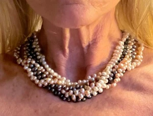 Vtg 144gm 14K Yellow Gold Clasp 5 Color Multi Strand Pink Black 17" PEARL Choker - Picture 1 of 6
