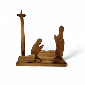 Rustikale handgeschnitzte und gebeizte Krippe aus Holz 11"x11" Signatur Weihnachten  - Bild 1 von 6