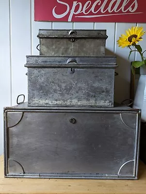 Antique Tin Storage Document Deed Boxes~Metal~Storage~Job Lot Of 3~Display~ • 125£