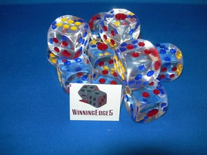 NUEVOS 12 GRANDES DADOS ACRÍLICOS TRANSPARENTES con PIPS DE COLOR (22mm) 0.866 pulgadas BUNCO - Imagen 1 de 5