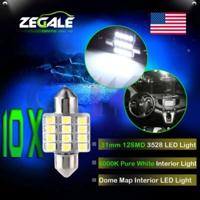 10 piezas 31mm 3528 Interior Coche Festón Domo Bombillas Lámpara Blanco 12SMD LED DC 12V Foto 1 de 4