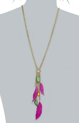 New Betsey Johnson Hawaiian Luau Feather Y Necklace in Pink/Ladybug Leaf - Image 1 of 4