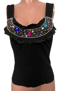 Y2K 2000 Oh Yes Black Beaded Stones Ruffled Tank Top NWTS Glam Festival Party M - Picture 1 of 3