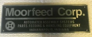 Moorfeed Corp Metal plaque Automated Handling Equipment Sign 13" L x 4 3/8" T  - Picture 1 of 3