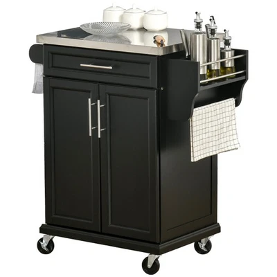 HOMCOM Rolling Kitchen Cart Storage Trolley with Drawer Towel Rail Steel Black - Image 1 of 4