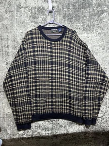 VTG Trader Bay Sweater Mens XXL Navy Tan Plaid 100% Cotton Knit Pullover USA - Picture 1 of 18