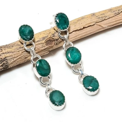 Lab-Created Emerald Gemstones Handmade 925 Steling Silver Earrings Jewelry - Image 1 of 4