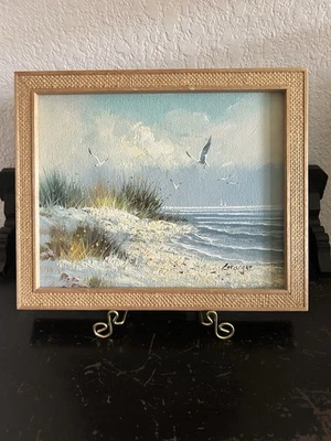 Pintura al óleo de paisaje marino, óleo sobre lienzo vintage firmado costero 29x25 gran marco Foto 1 de 4