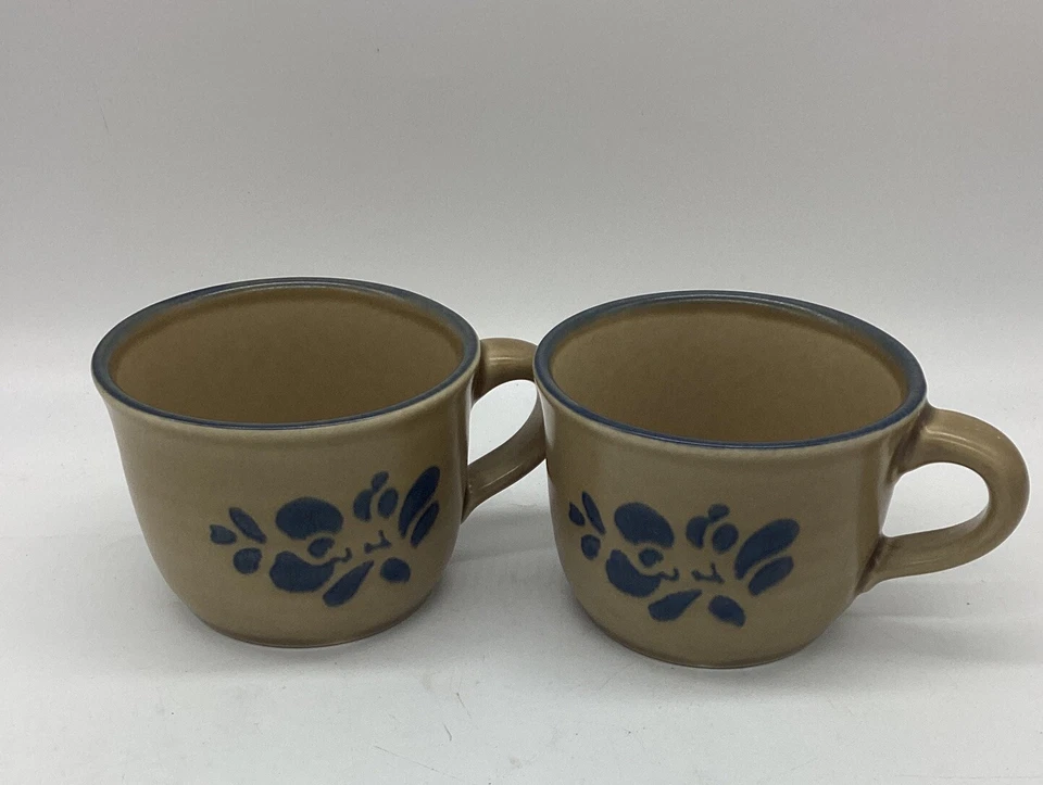 PFALTZGRAFF Cups Set Of 2 Folk Art Beige & Blue Coffee Mugs USA Pre-owned. - Image 1 of 4