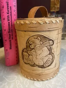 Russian Birch Bark Box, 5”x 4” Cylinder Jewelry Trinket Case Bear & Honey Design - Picture 1 of 15