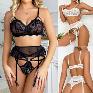 Women Sexy Lingerie Lace Mesh Bra Panty Set Teddy Garter Belt Set Sleepwear Set - Picture 1 of 15