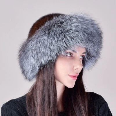 Sombrero de piel de visón real para mujer Gorra de piel completa Gorra Bowler Top Sombrero con ala de piel de zorro Foto 1 de 4