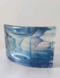 Blue Iridescent Curvy Fused Glass Candle Holder Cathey Yardley Design - Picture 1 of 5