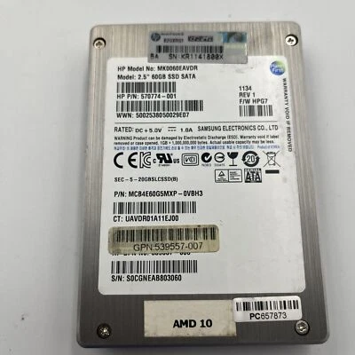 HP 570774-001 SATA SOLID STATE 60GB SSD 2.5" 3G MDL MK0060EAVDR S0CGNEAB700025 - Image 1 of 4