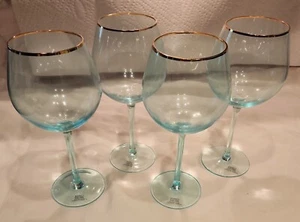 4 Light Teal With Gold Trim Wine Glasses - Picture 1 of 8