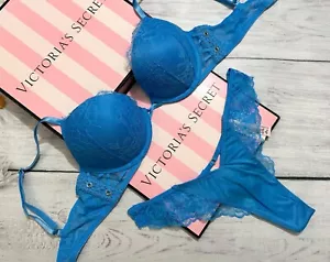 Victoria's Secret VERY SEXY Bombshell Lace Push-Up Bra Thong Set Blue - Picture 1 of 5