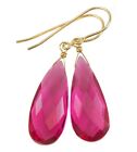 Hot Pink Simulated Sapphire Earrings Long Teardrops Sterling 14k Solid Gold