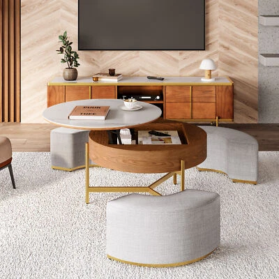 Wooflex Round Lift Top Coffee Table w/ Storage Hidden Compartment 3 Stools Table - Image 1 of 4