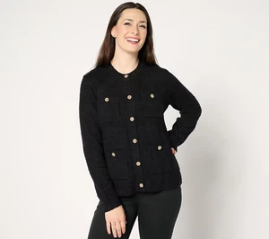 NEW Isaac Mizrahi Live! XS Estate Eyelash Yarn 4 Pocket Cardigan Black QVC 2625 - Picture 1 of 6
