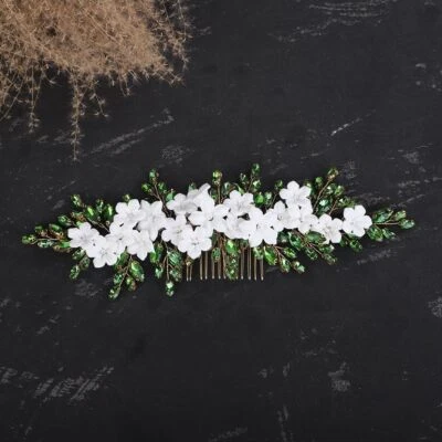 Bride Flower Wedding Hair Comb White Flower Rhinestone Headpiece Green - Image 1 of 4