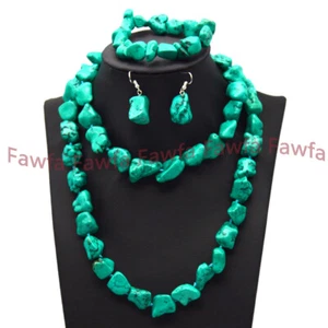 Irregular Nugget 15-18mm Green Turquoise Beaded Necklace Bracelet Earrings Set - Picture 1 of 10