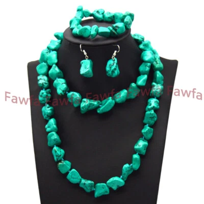 Irregular Nugget 15-18mm Green Turquoise Beaded Necklace Bracelet Earrings Set - Image 1 of 4