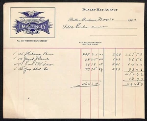Butte Montana Dunlap Hat Agency I. Mattingly Hatter Furnisher 1909 Billhead  - Picture 1 of 2