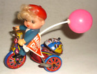 Vintage Tin Litho Wind Up Toy, Boy on Tricycle w/Bell & Balloon Happy Days WORKS