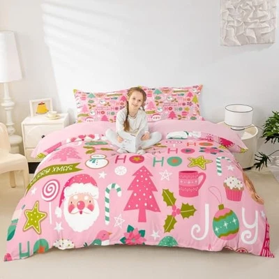  Funda nórdica rosa Navidad, juego de cama de Papá Noel de dibujos animados tamaño doble multi 21 Foto 1 de 4