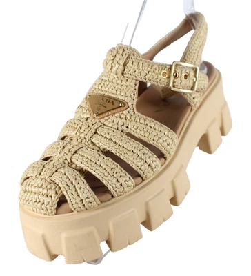 Sandalias PRADA $1,450 Natural Beige Crochet Rafia Suela Monolito Jaula 39 Foto 1 de 4