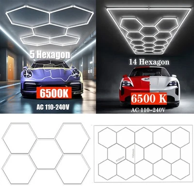 5/14 Hexagon LED Lighting Car Detail Garage Workshop Gym Honeycomb Lights 6500K - Image 1 of 2