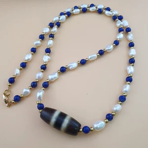 Lapis & Fresh water Pearl Necklace with Vintage Himalayan Tibetan Stripe Agate - Picture 1 of 19