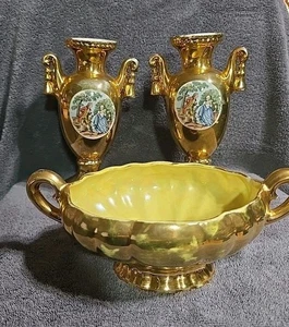 3 PC Vintage Courting Scene Vase 22kt Gold "Weeping" Gold Porcelain Circa 1940 - Picture 1 of 19