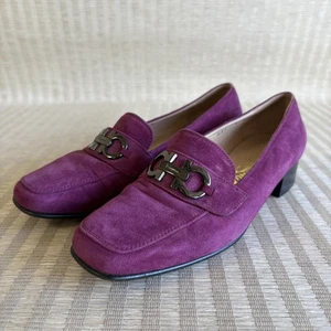 Salvatore Ferragamo Gancini Loafers Womens 7 Purple Suede Horse Bit Block Heel - Picture 1 of 21
