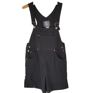 Vintage 90s Y2K Squeeze Jeans Shortalls Size L Black Denim Overalls Shorts - Picture 1 of 7
