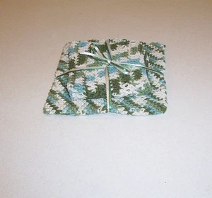 Hand Crochet Green Aqua Cream Variegated Cotton Potholder and Dishcloth Set  - Picture 1 of 3