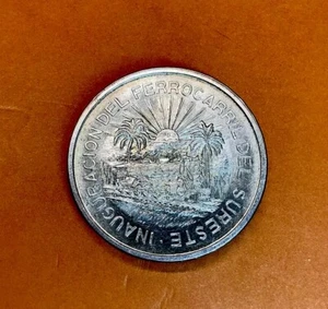 1950 Mexico 5 Pesos Southern Railroad Ferrocarril Steam Uncirculated Silver Coin - Picture 1 of 8