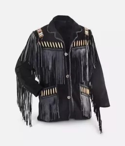 Men Western Cowboy Suede Fringe Jacket Beaded Native American Leather Jacket 123 - Picture 1 of 3