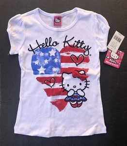 Hello Kitty Stars & Stripes Heart Shirt Girls 4 Red White Blue Glitter Mesh Bow - Picture 1 of 5