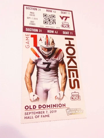 2019 Old Dominion Virginia Tech Hokies Football Ticket Stub Cover