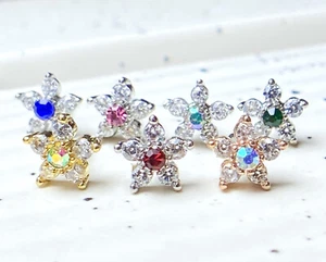 1pc Six CZ Gem Paved Flower Top 20g Nose Ring Stud 316L Surgical Steel - Picture 1 of 12