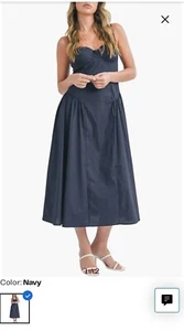 NEW LUSH Navy Blue CORSET BODICE Cotton POPLN Midi DRESS L - Picture 1 of 2