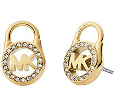 MICHAEL KORS Yellow Gold MK Logo Padlock Stud Earrings Crystals MKJ7410710 + BOX - Image 1 of 4