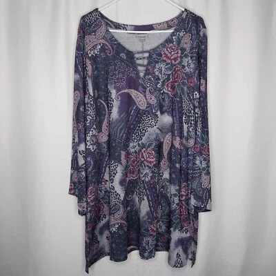 Top Avenue Mujer 22/24 3X Cuello Largo Campana Acampanado Elastizado Púrpura Cachemira Floral Foto 1 de 4