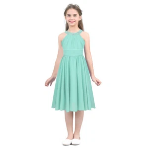 Girls Halter Neck Chiffon Dresses High-Waisted Rhinestone Prom Party Gowns - Picture 1 of 111