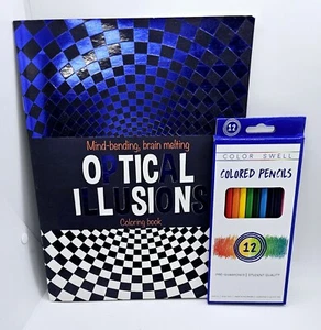 NEW Optical Illusions Adult Coloring Book Dream Art Books + NEW Colored Pencils  - Picture 1 of 7