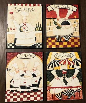 Vtg 4 Italian Chef Decor Wall Plaques "Wine & Dine"& Salute 8.5"x6.5" Chic - Image 1 of 4