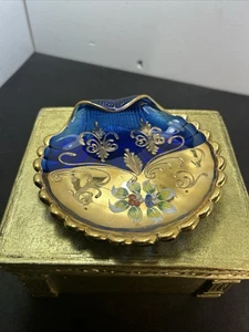 Vintage Cobalt Blue Glass and Gold Hand Painted Trinket Dish - Murano 5” X 5” - Picture 1 of 6