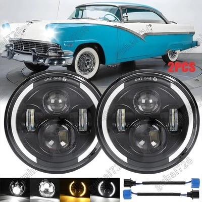 For Ford Fairlane 1955 1956 1957 2PC 130W 7inch Round LED Headlights HI/LO Bulbs - Image 1 of 4